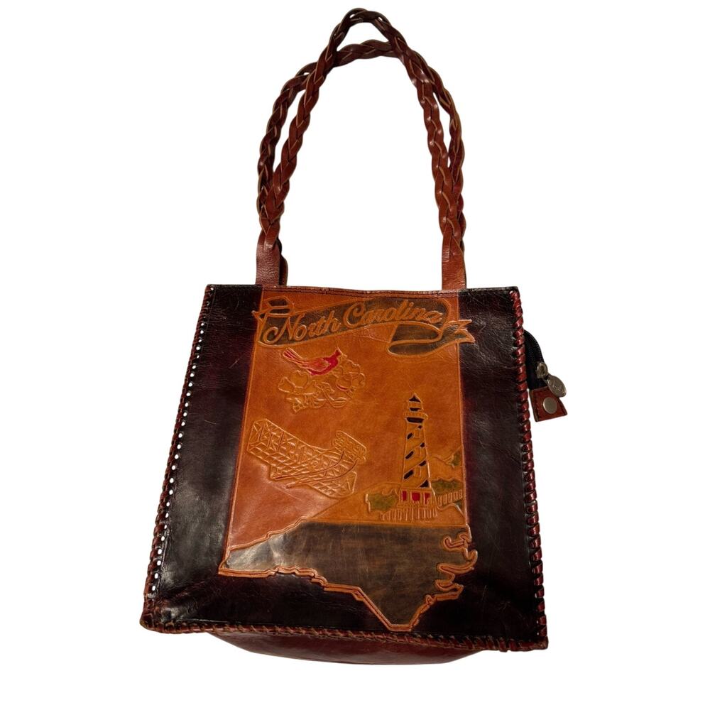 Vintage North Carolina Tooled Painted Leather Purse Boho Bag Made in India